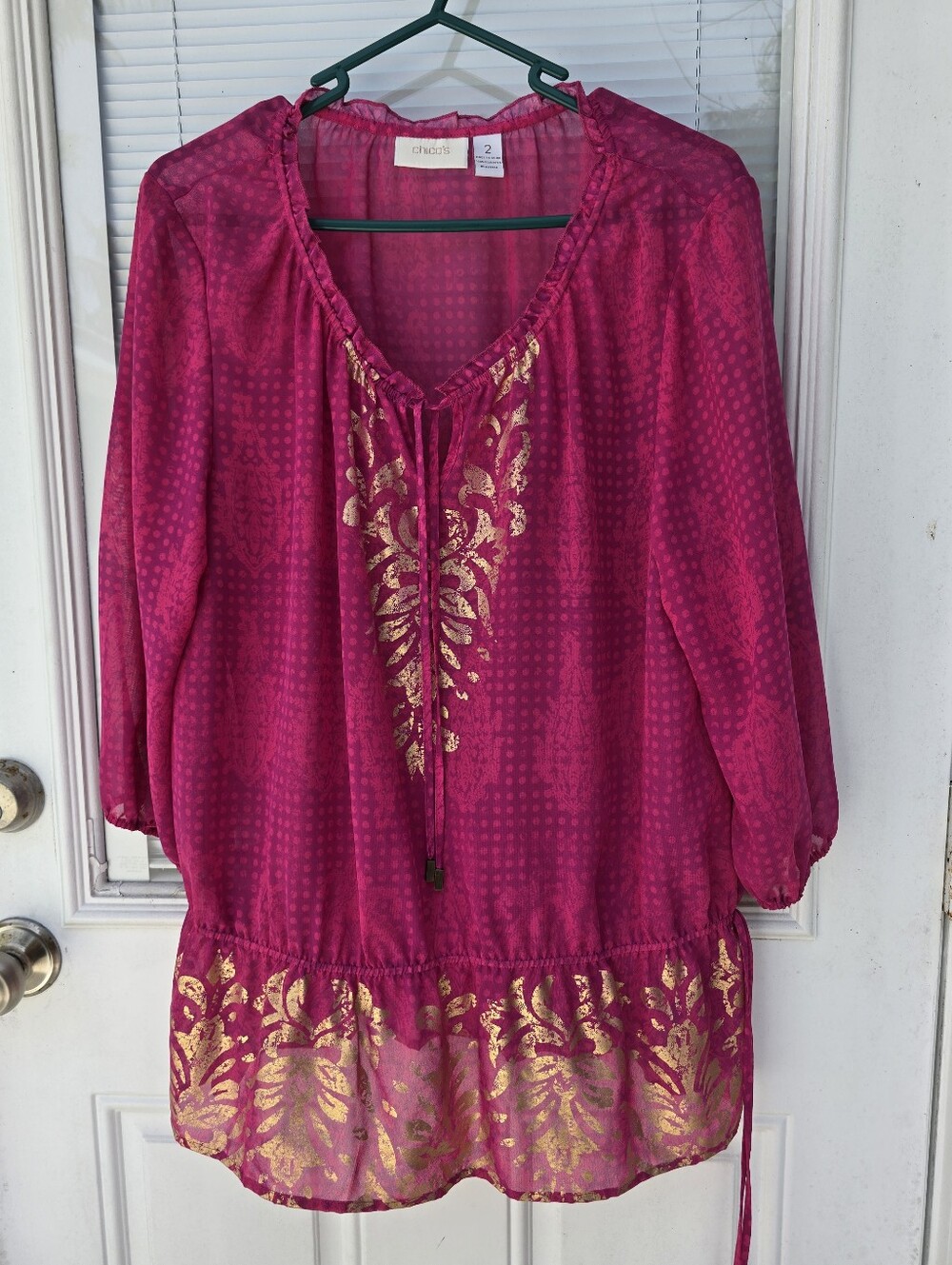 Chico's Pink Sheer Tunic with Gold Leaf Accents